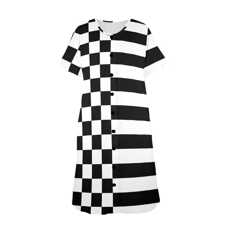 bw check print 2 Women's Button Front House Dress - Objet D'Art