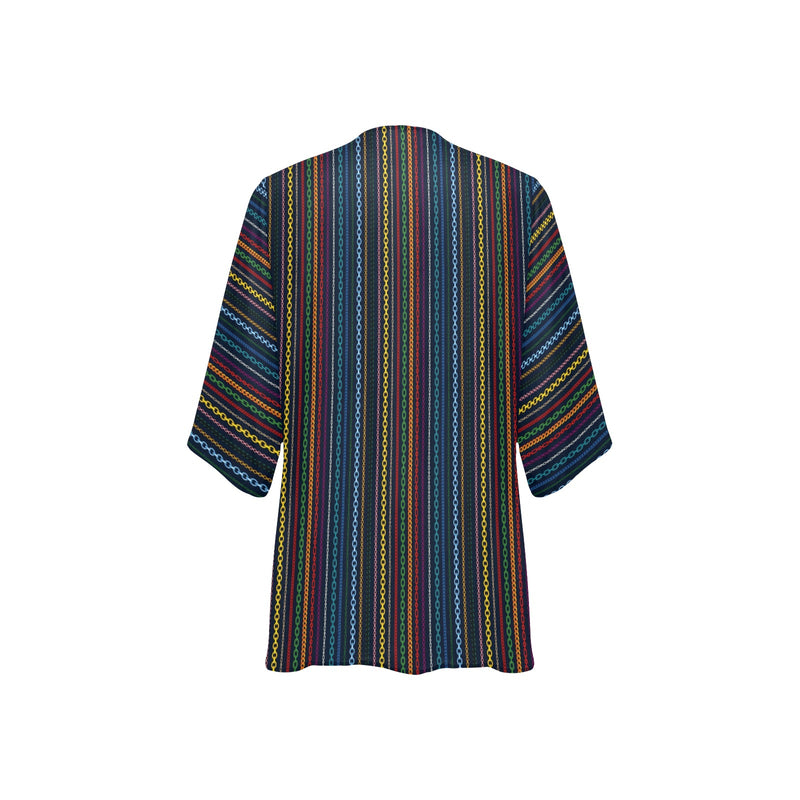 colored chain print Women's Kimono Chiffon Cover Up (Model H51) - Objet D'Art