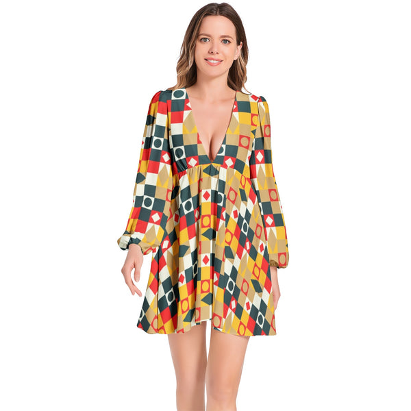 Lantern Sleeve Deep V-Neck Short Dress - Objet D'Art