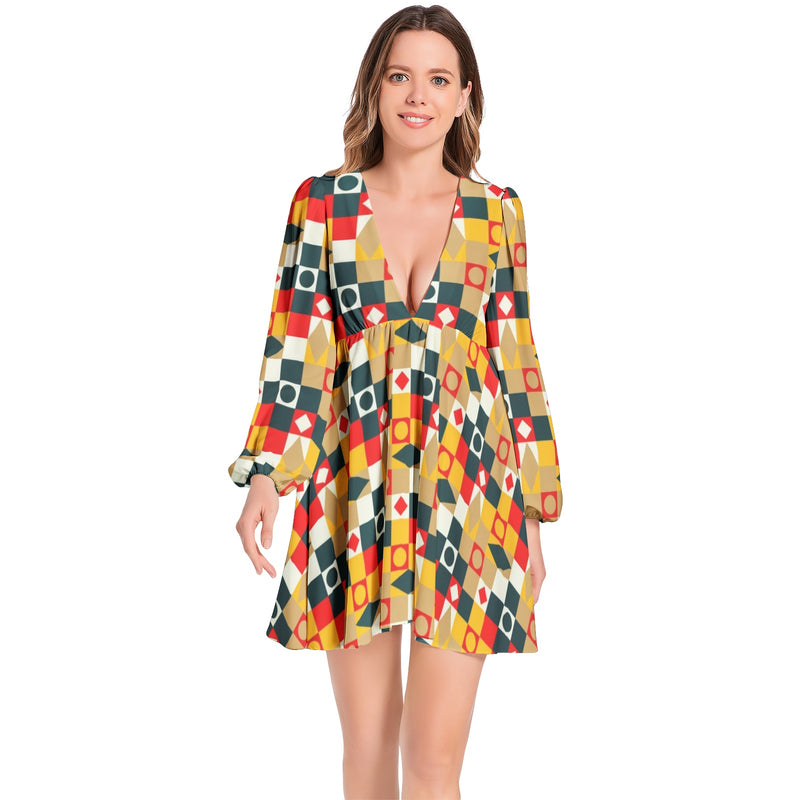 Lantern Sleeve Deep V-Neck Short Dress - Objet D'Art
