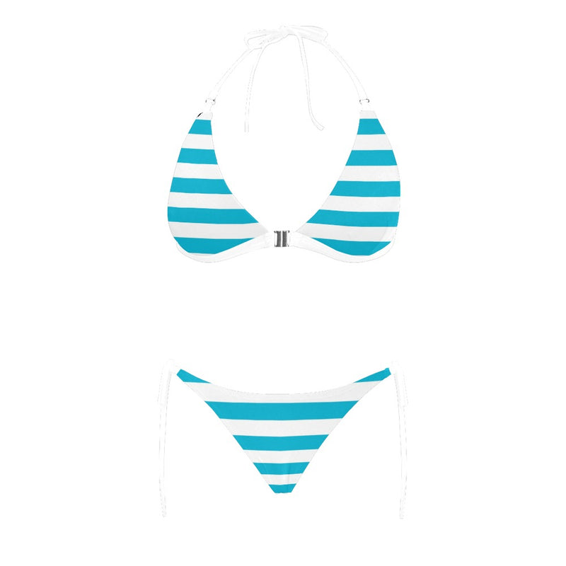 blue white striped 1A Buckle Front Halter Bikini Swimsuit (Model S08) - Objet D'Art