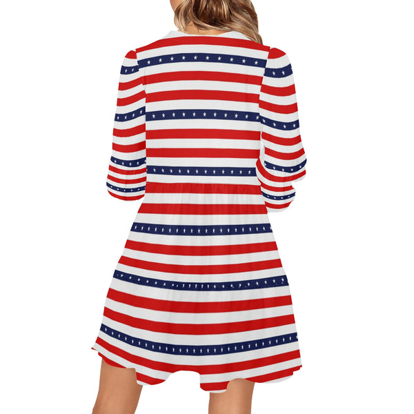 americana stars and stripes striped print 2 V-Neck Loose Fit Dress (Model D62) - Objet D'Art