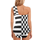 check stripe print 2 Women's One Shoulder Backless Swimsuit (Model S44) - Objet D'Art