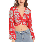 Gainsboro Roses & Scarlet Women's Deep V-Neck Lantern Sleeve Crop Top - Objet D'Art