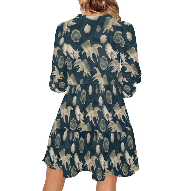 aquatic world sepia split print V-Neck Loose Fit Dress (Model D62) - Objet D'Art