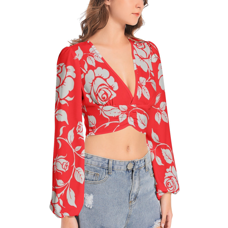 Gainsboro Roses & Scarlet Women's Deep V-Neck Lantern Sleeve Crop Top - Objet D'Art