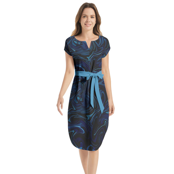 Ink Pool Notched Neck Belted Dress - Objet D'Art
