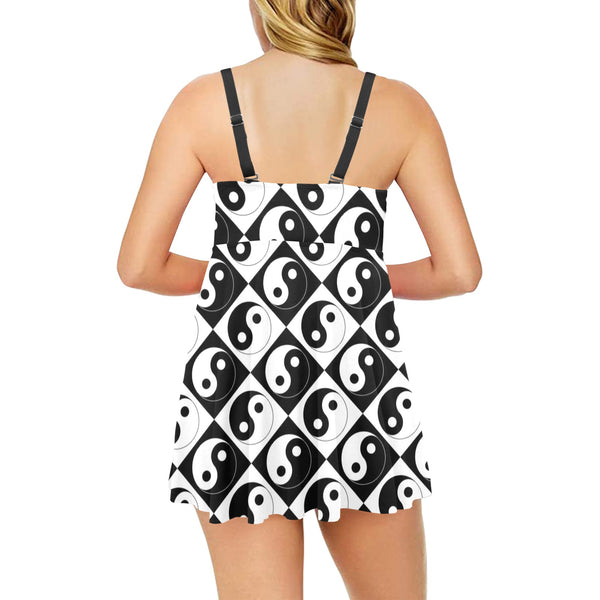 yin and yang bw print 2 Chest Pleat Swim Dress (Model S31) - Objet D'Art
