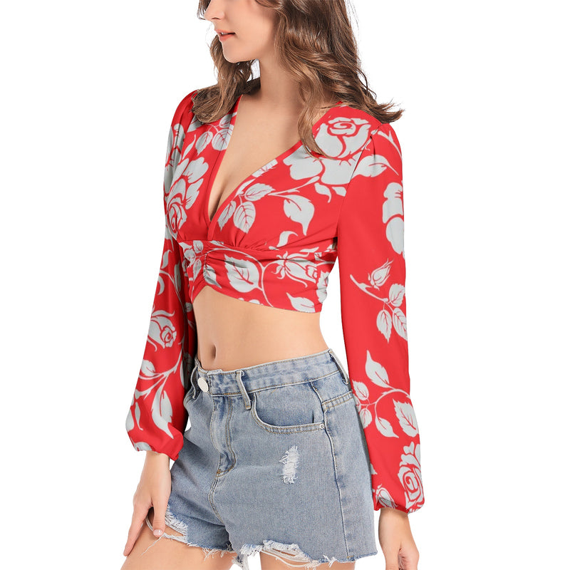 Gainsboro Roses & Scarlet Women's Deep V-Neck Lantern Sleeve Crop Top - Objet D'Art