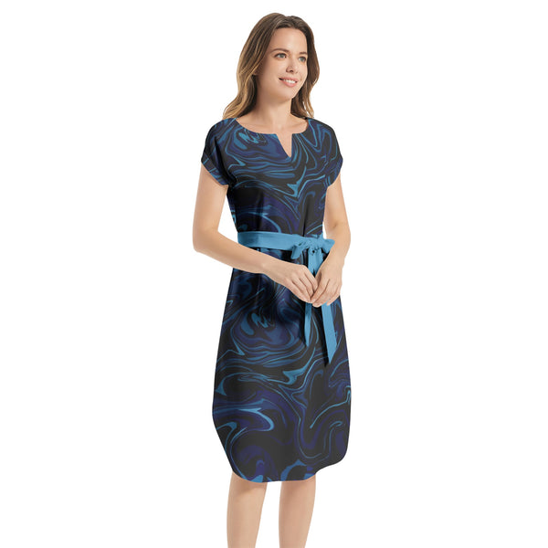 Ink Pool Notched Neck Belted Dress - Objet D'Art