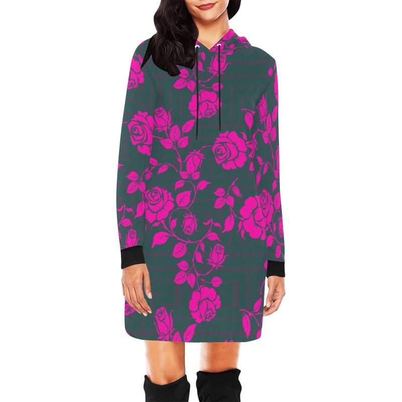 pink rose green greek key print 2 All Over Print Hoodie Mini Dress (Model H27) - Objet D'Art