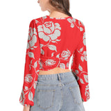 Gainsboro Roses & Scarlet Women's Deep V-Neck Lantern Sleeve Crop Top - Objet D'Art