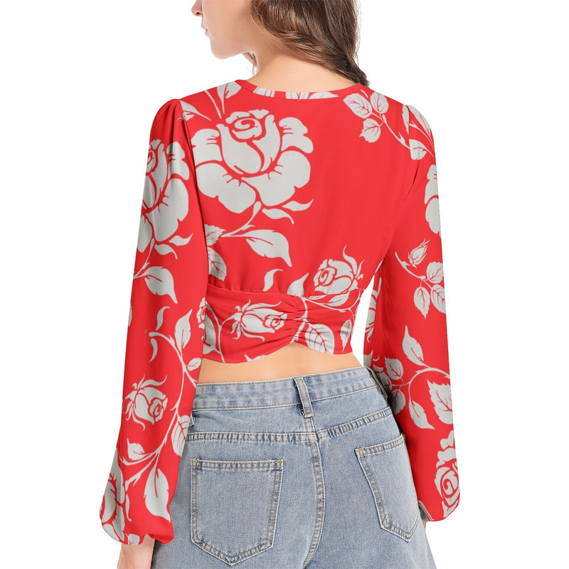 Gainsboro Roses & Scarlet Women's Deep V-Neck Lantern Sleeve Crop Top - Objet D'Art