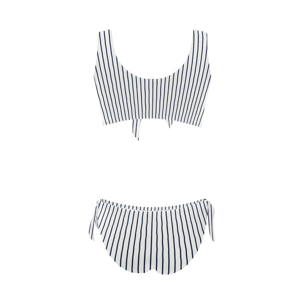 white dark blue striped print 2 Bow Tie Front Bikini Swimsuit (Model S38) - Objet D'Art