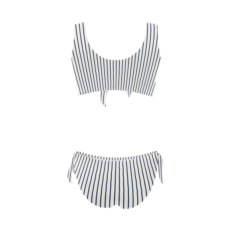 white dark blue striped print 2 Bow Tie Front Bikini Swimsuit (Model S38) - Objet D'Art