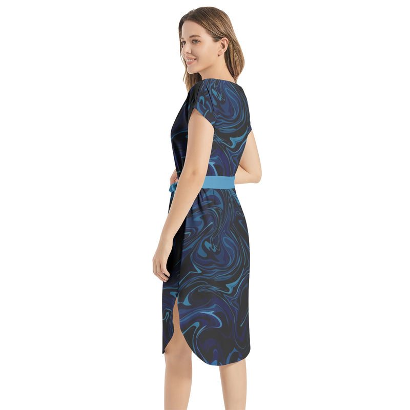 Ink Pool Notched Neck Belted Dress - Objet D'Art