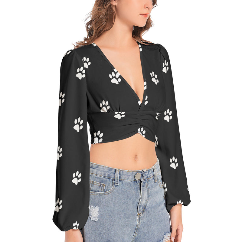 Dog Paws Women's Deep V-Neck Lantern Sleeve Crop Top - Objet D'Art