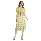 Lemon Print Puff Sleeve Split Thigh Midi Dress - Objet D'Art