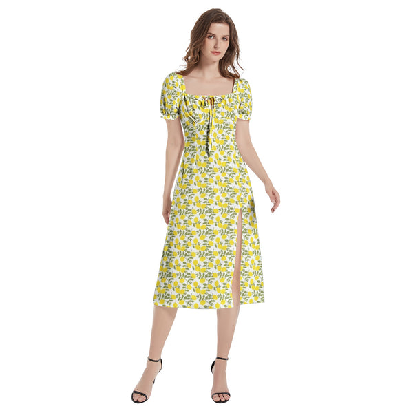 Lemon Print Puff Sleeve Split Thigh Midi Dress - Objet D'Art
