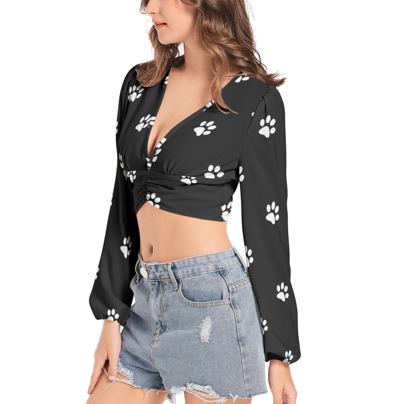 Dog Paws Women's Deep V-Neck Lantern Sleeve Crop Top - Objet D'Art