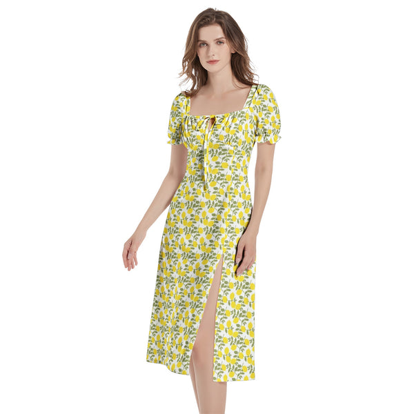 Lemon Print Puff Sleeve Split Thigh Midi Dress - Objet D'Art
