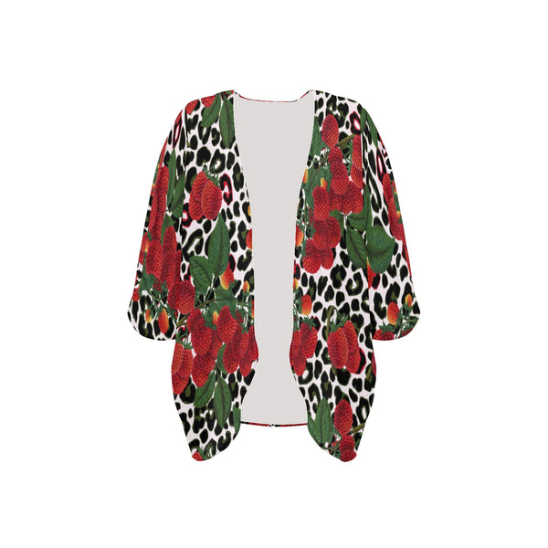 rasp leopard print 3 Women's Kimono Chiffon Cover Up (Model H51) - Objet D'Art