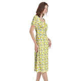 Lemon Print Puff Sleeve Split Thigh Midi Dress - Objet D'Art