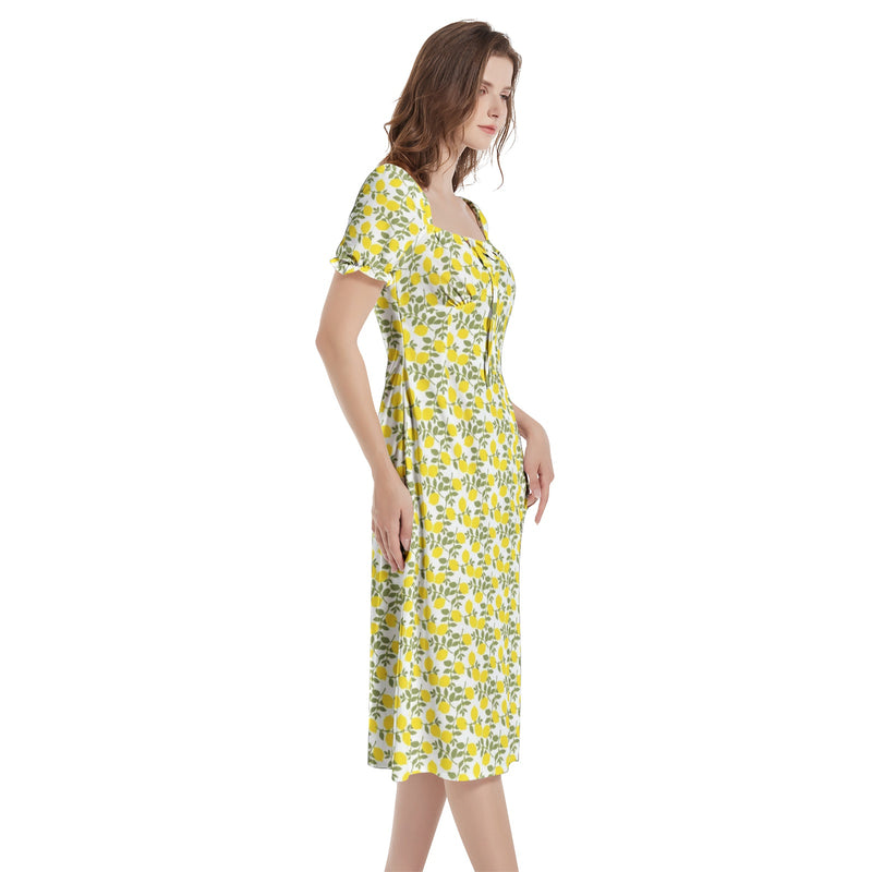 Lemon Print Puff Sleeve Split Thigh Midi Dress - Objet D'Art