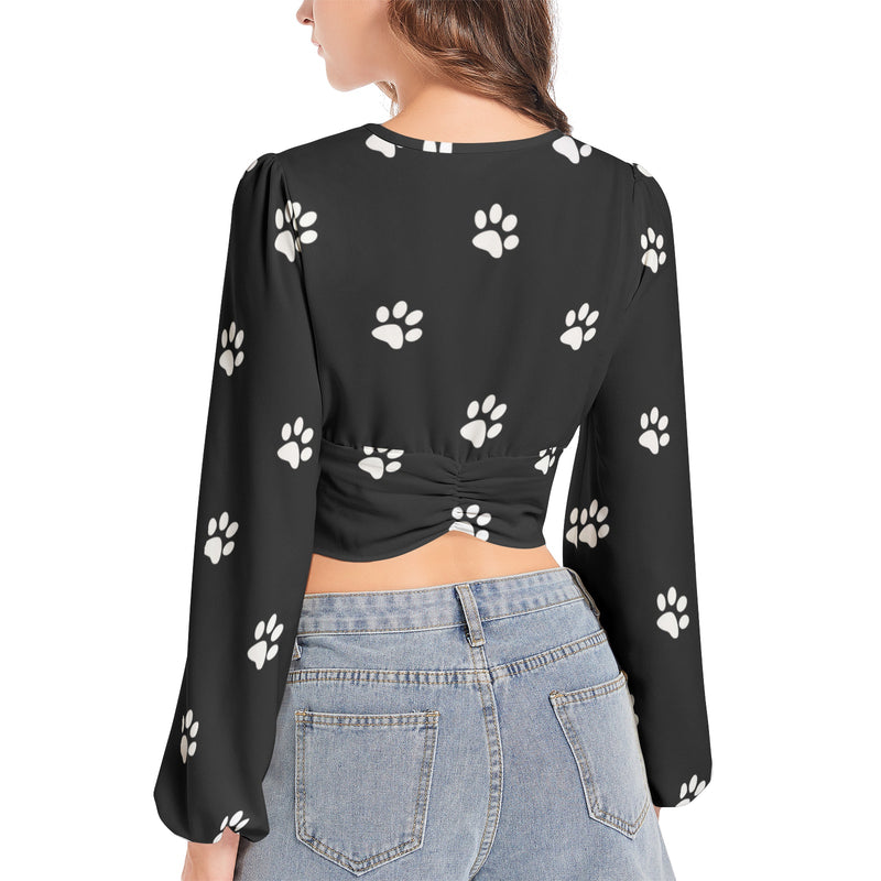 Dog Paws Women's Deep V-Neck Lantern Sleeve Crop Top - Objet D'Art