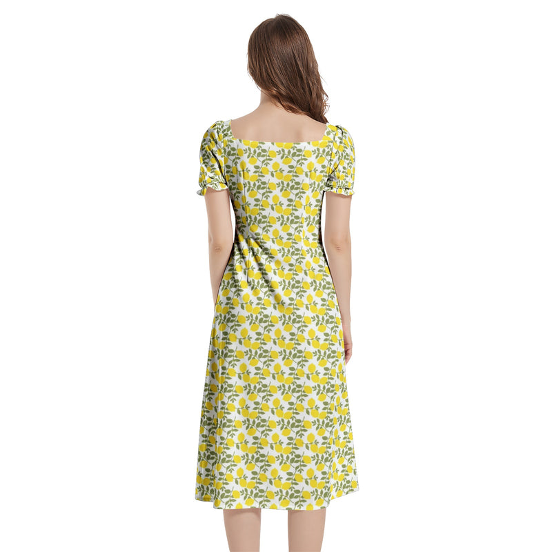 Lemon Print Puff Sleeve Split Thigh Midi Dress - Objet D'Art