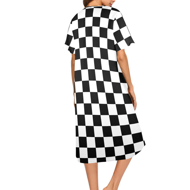 blue and white solid half Women's Button Front House Dress - Objet D'Art