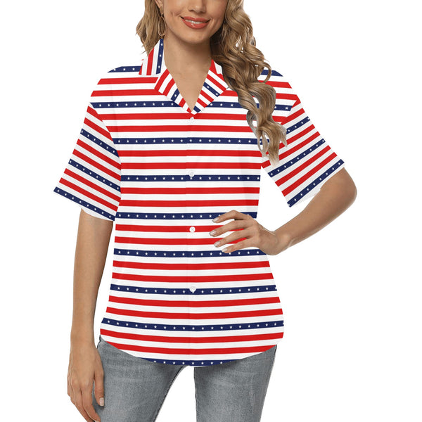 americana stars and stripes striped print 2 All Over Print Hawaiian Shirt for Women (Model T58) - Objet D'Art