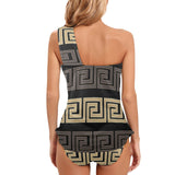 brown beige greek key print 10A Women's One Shoulder Backless Swimsuit (Model S44) - Objet D'Art