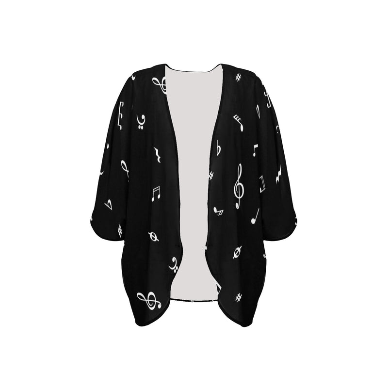 musical note blouse white on black Women's Kimono Chiffon Cover Up (Model H51)