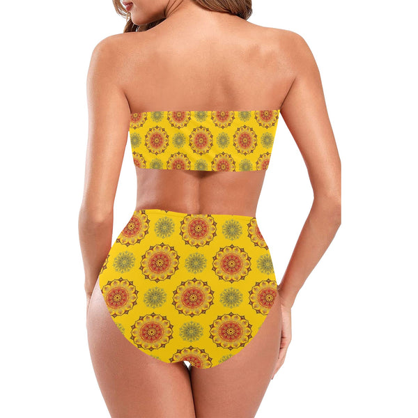 mandala gold print 3 Chest Wrap Bikini Swimsuit (Model S36) - Objet D'Art