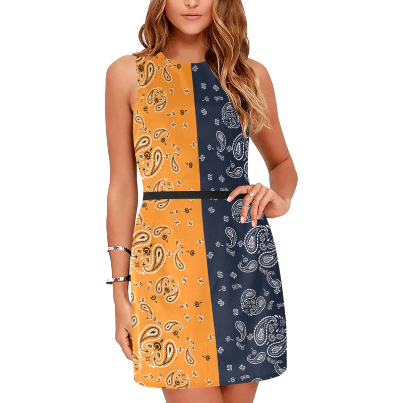 orange blue paisley yoga_leggings_template-Recovered-Recovered copy Eos Women's Sleeveless Dress (Model D01) - Objet D'Art