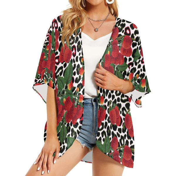 rasp leopard print 3 Women's Kimono Chiffon Cover Up (Model H51) - Objet D'Art