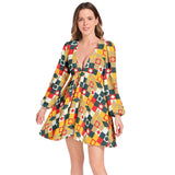 Lantern Sleeve Deep V-Neck Short Dress - Objet D'Art
