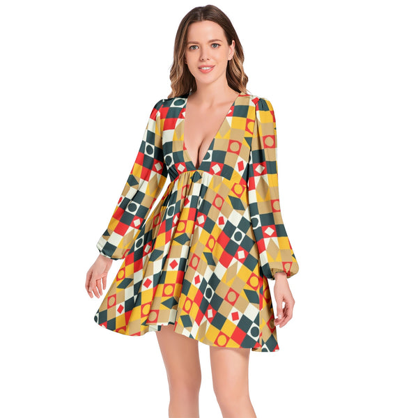 Lantern Sleeve Deep V-Neck Short Dress - Objet D'Art