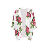 pink on white rose print Women's Kimono Chiffon Cover Up (Model H51) - Objet D'Art