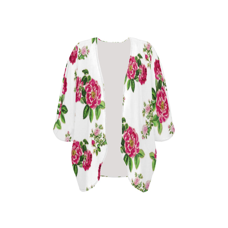 pink on white rose print Women's Kimono Chiffon Cover Up (Model H51) - Objet D'Art