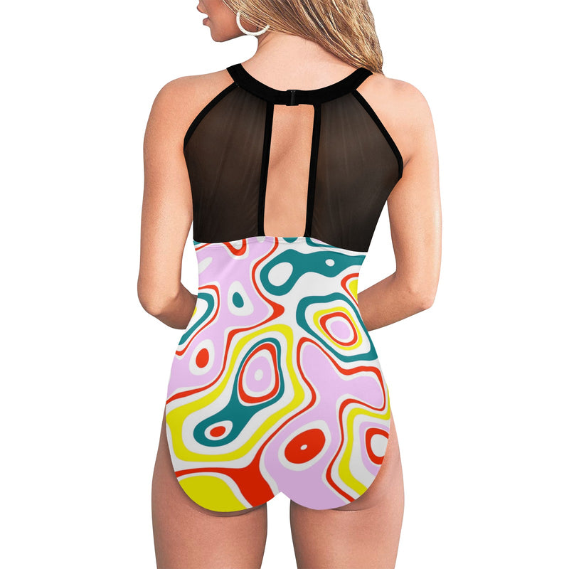 light pine green solid print Women's High Neck Plunge Mesh Ruched Swimsuit (S43) - Objet D'Art