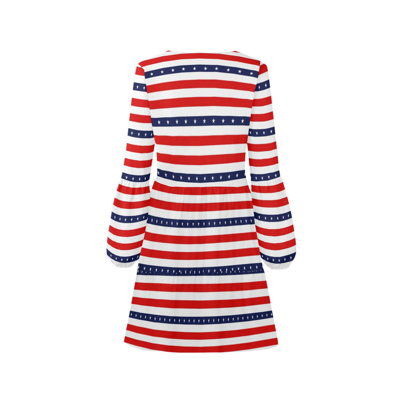 americana stars and stripes striped print 2 V-Neck Loose Fit Dress (Model D62) - Objet D'Art