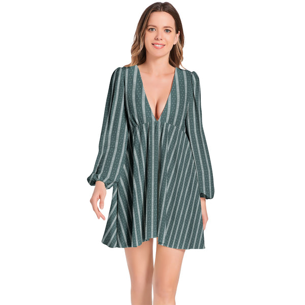 Lantern Sleeve Deep V-Neck Short Dress - Objet D'Art