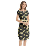 Azaleas Print Notched Neck Belted Dress - Objet D'Art