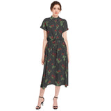 Rose Print Drawstring Waist A-line Flared Midi Dress - Objet D'Art