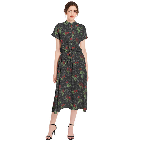 Rose Print Drawstring Waist A-line Flared Midi Dress - Objet D'Art