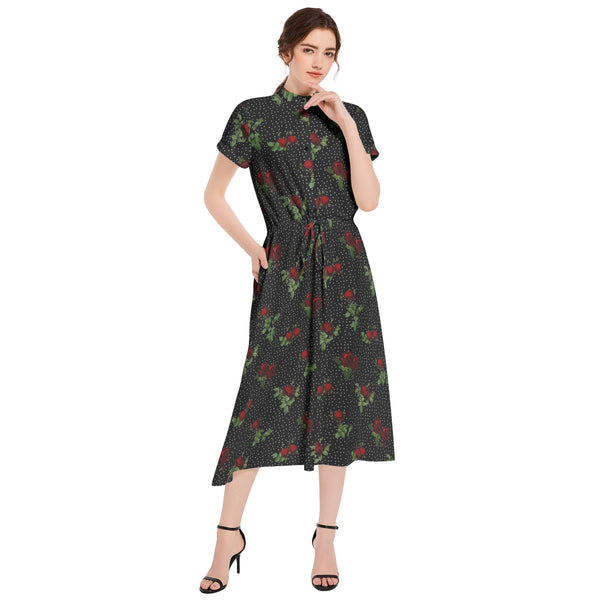 Rose Print Drawstring Waist A-line Flared Midi Dress - Objet D'Art