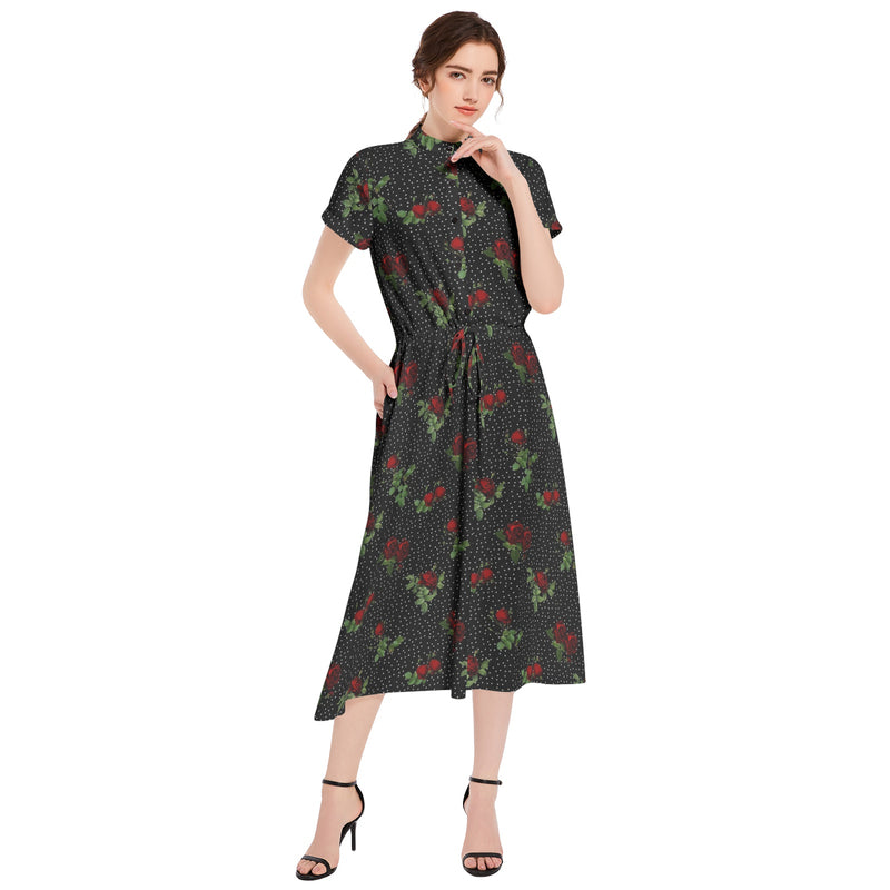 Rose Print Drawstring Waist A-line Flared Midi Dress - Objet D'Art
