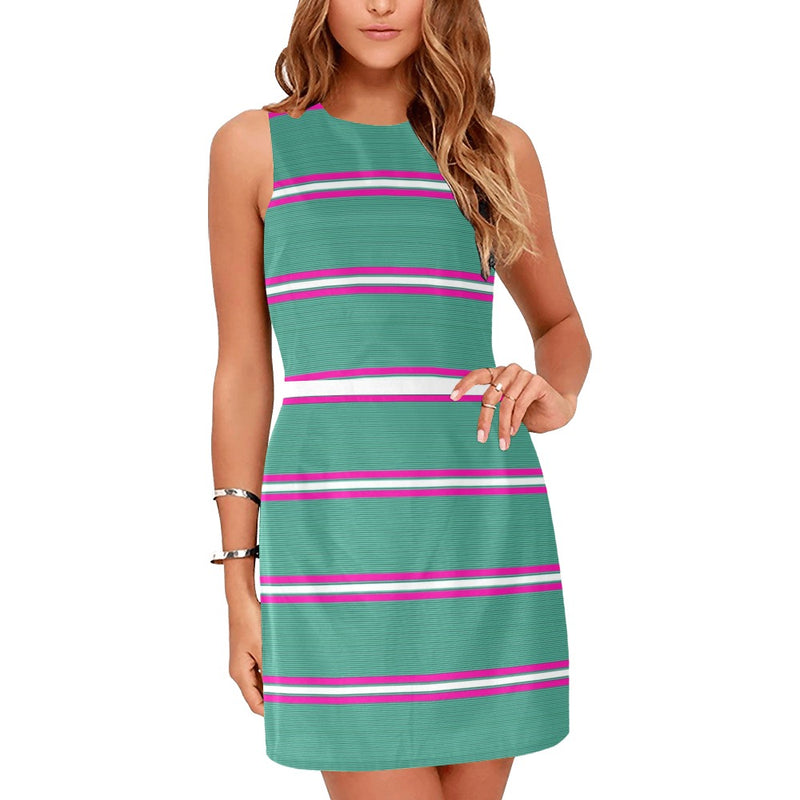 mint green micro striped print 67A Eos Women's Sleeveless Dress (Model D01) - Objet D'Art
